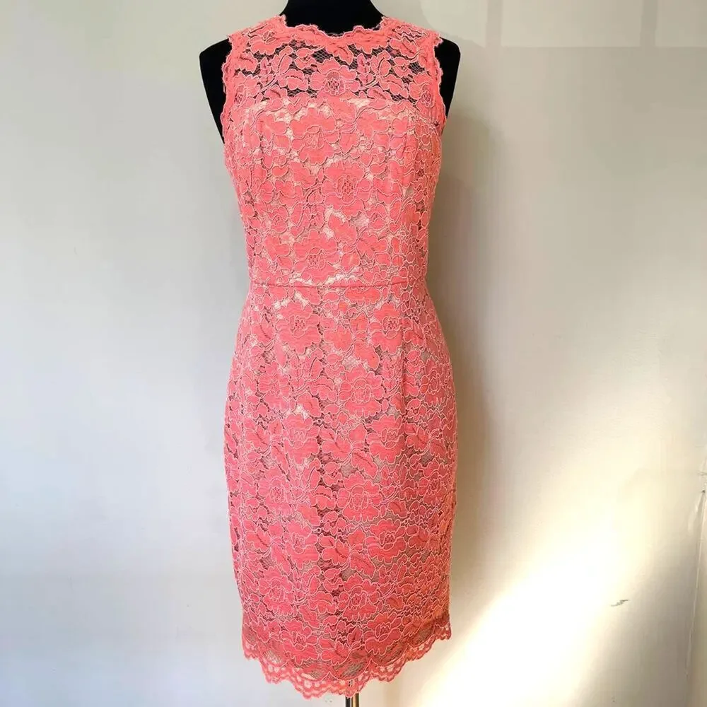 VINCE CAMUTO Pink Salmon Lace Overlay Sheath Dress Floral Sleeveless Size 10 - Picture 2 of 15